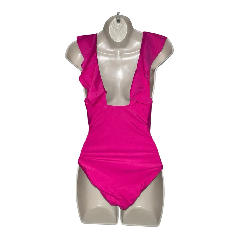 J. Crew Ruched Ruffle One Piece Swimsuit Pink NWT Size 10 Colorful Bright Girly - Picture 4 of 9